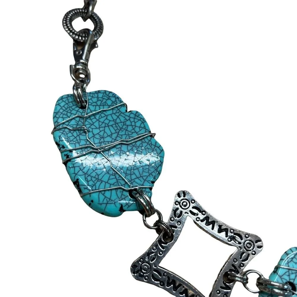 Silver Tone Adjustable Chain Wire‎ Wrapped Faux Turquoise Chunky Belt